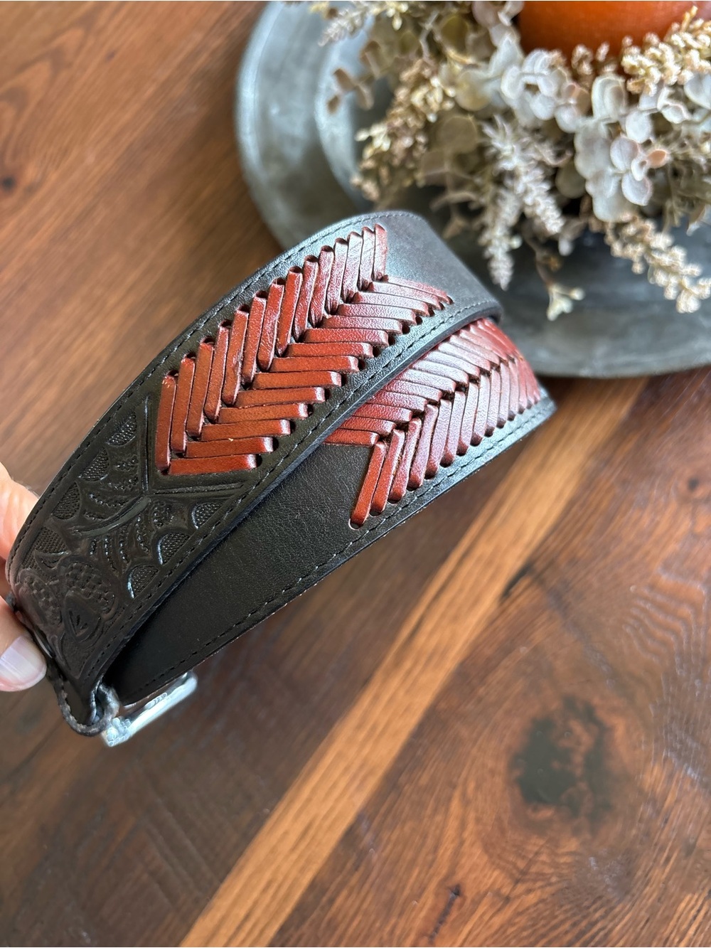 Western Hand Tooled Leather Rodeo Black/Brown Leather Belt, Cowboy, Unisex 34